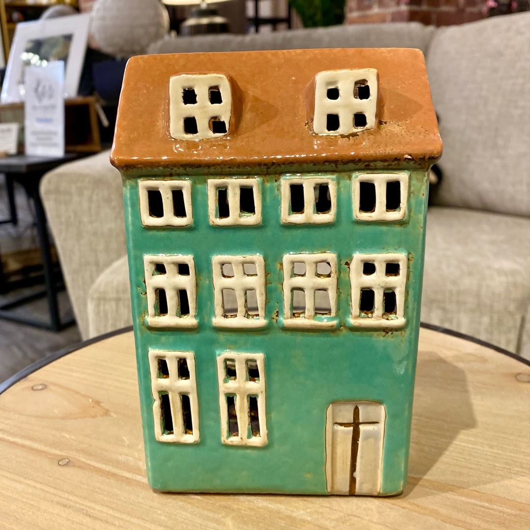 HOUSE CANDLE HOLDER GREEN/BROWN