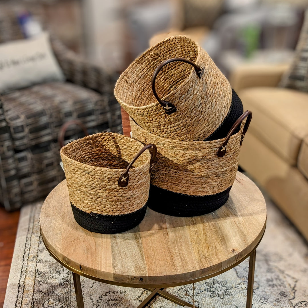 HAND WOVEN BASKETS 3PC SET - BROWN/BLACK