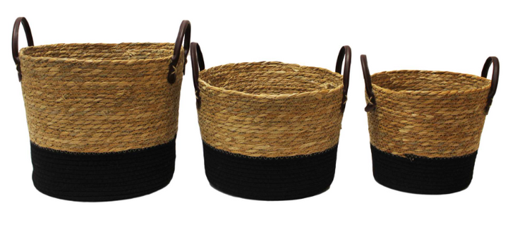HAND WOVEN BASKETS 3PC SET - BROWN/BLACK