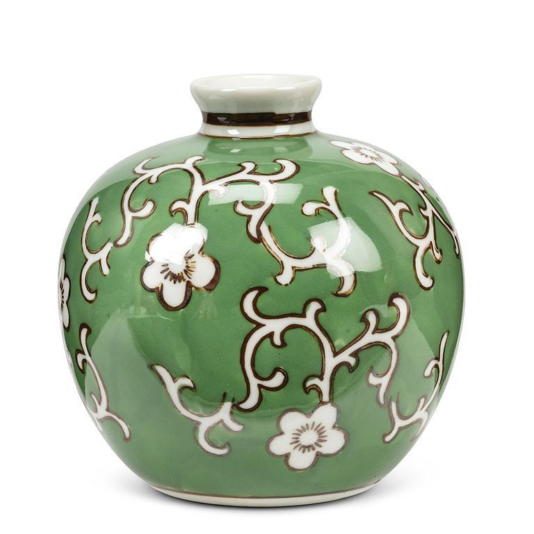 GREEN & BROWN FLORAL BALL VASE