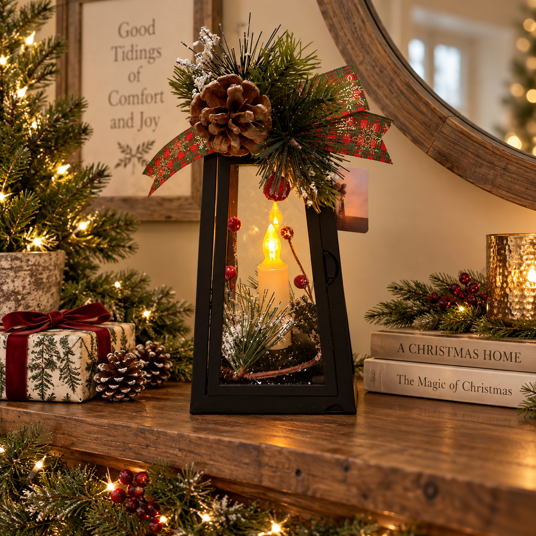 PLASTIC LANTERN WITH GREENERY AND LED CANDLE