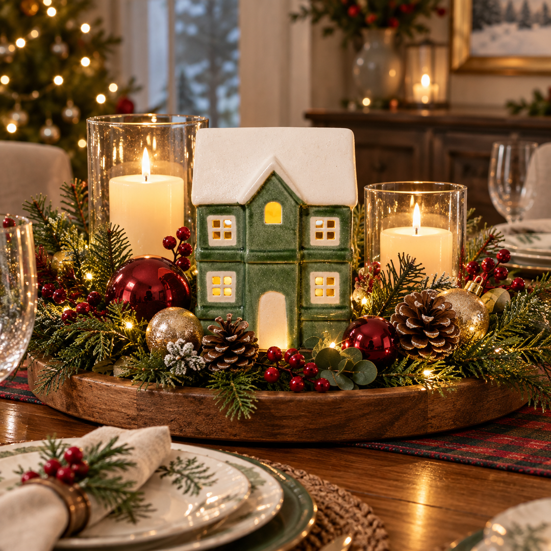 MEDIUM GREEN CERAMIC HOUSE WITH LED