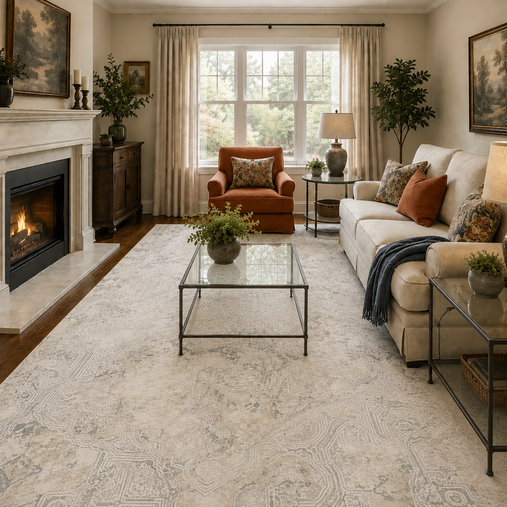 BELLA 6603 CREAM/GREEN TEXTURED FRIEZE AREA RUG
