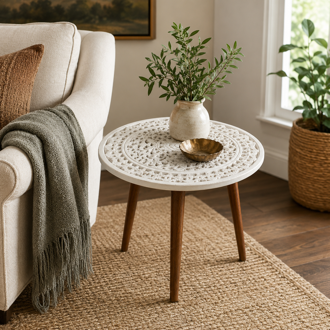 ANTIQUED  WHITE CARVED TABLE