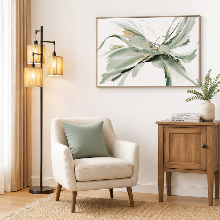 RATTAN TREE FLOOR LAMP WITH DIMMER & BULBS