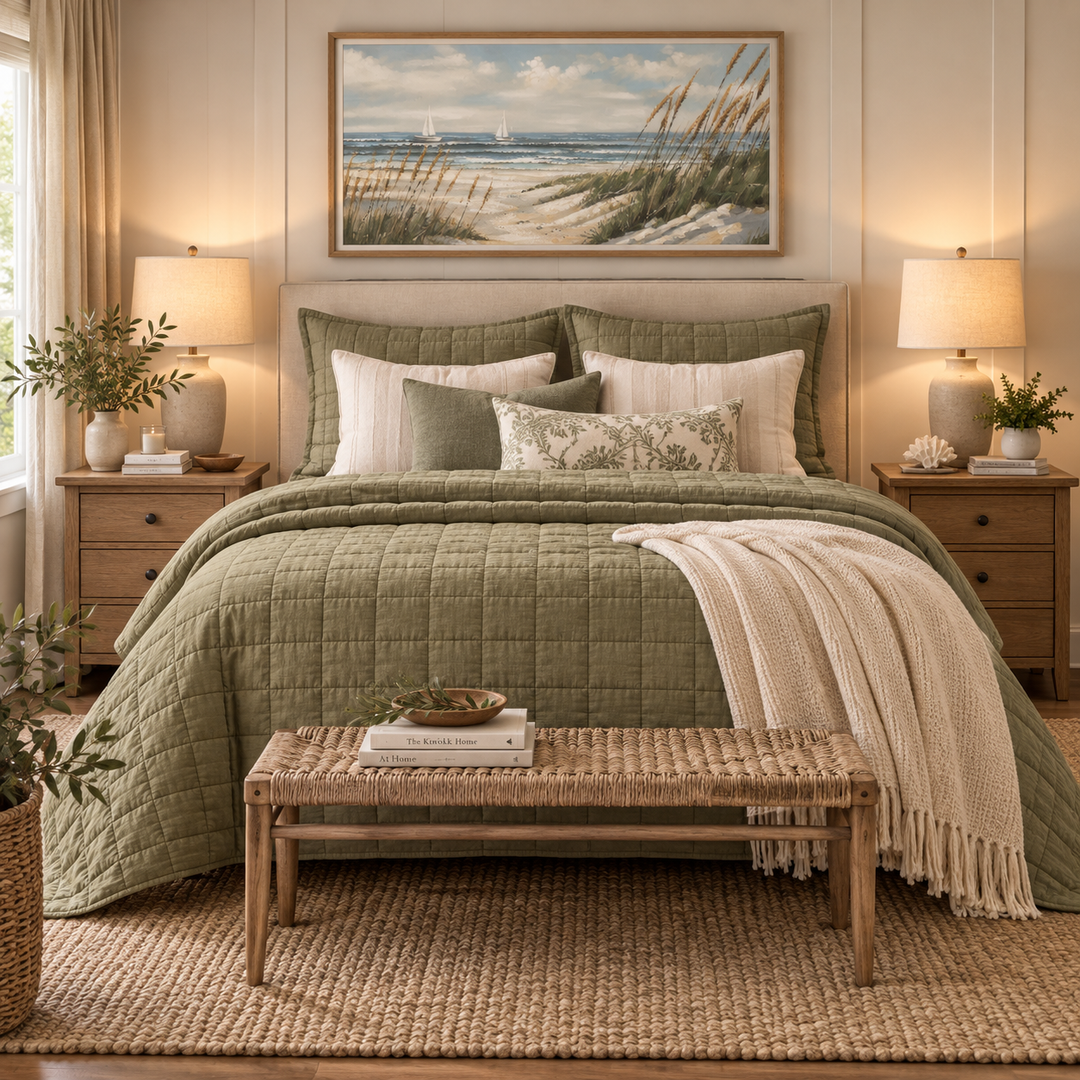 SQUARE GREEN COVERLET SET QUEEN