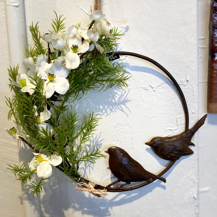 WHITE DOGWOOD WREATH W/2 METAL BIRDS