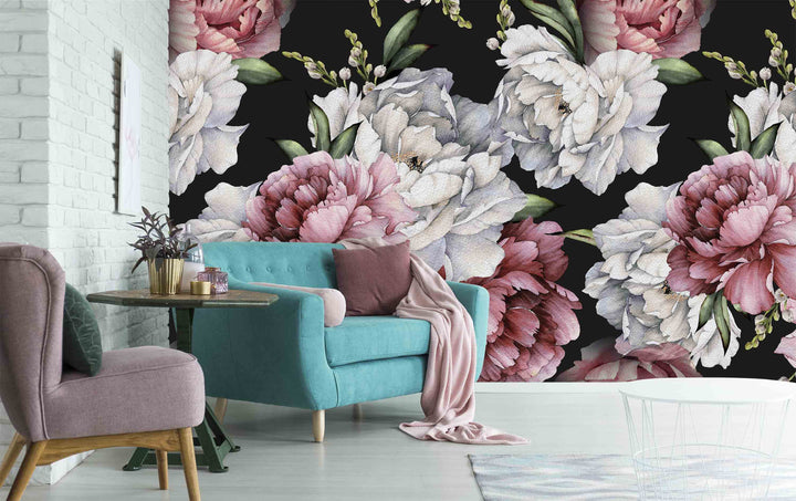 WATERCOLOUR PEONIES BLACK