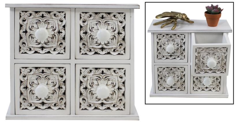 RUSTIC WHITE ORNATE 4 DRAWER BOX - Kate & Co. Home