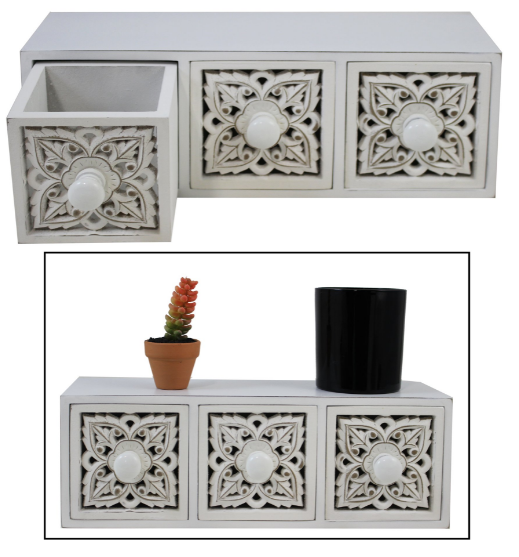 RUSTIC WHITE ORNATE 3 DRAWER BOX - Kate & Co. Home