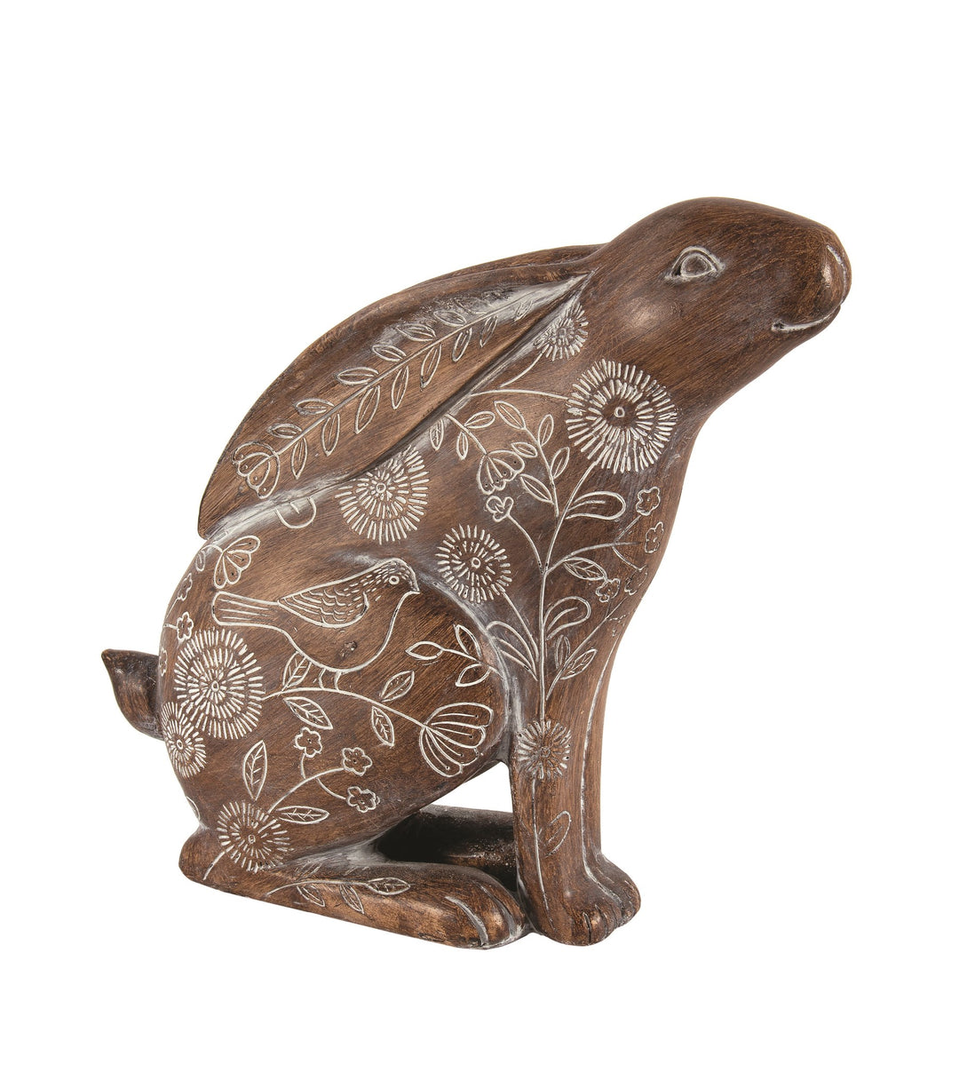 N36204 RABBIT- RESIN CROUCHING/WHITE FLORAL ETCHING - Kate & Co. Home
